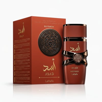 Asad Bourbon Lattafa perfume red packaging white background brown glass bottle side view