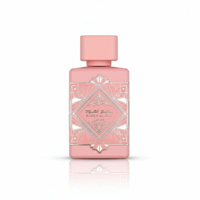 Badee Al Oud Noble Blush Lattafa pink fragrance elegant closeup front bottled