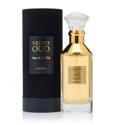 Lattafa Velvet oud fragrance in glass gold unisexual cologne spray beside black packaging tube closeup view